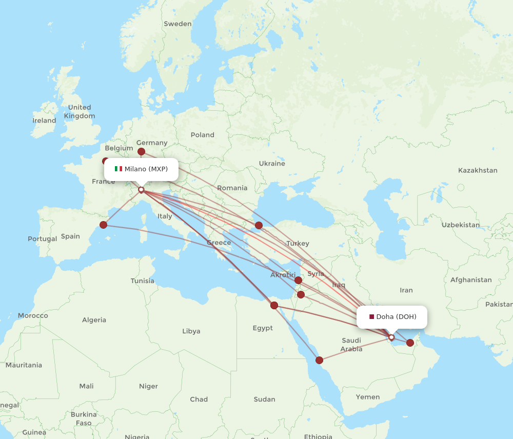 MXP to DOH flights and routes map