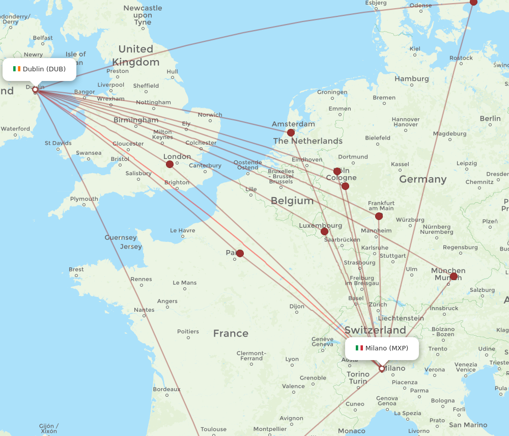 MXP to DUB flights and routes map