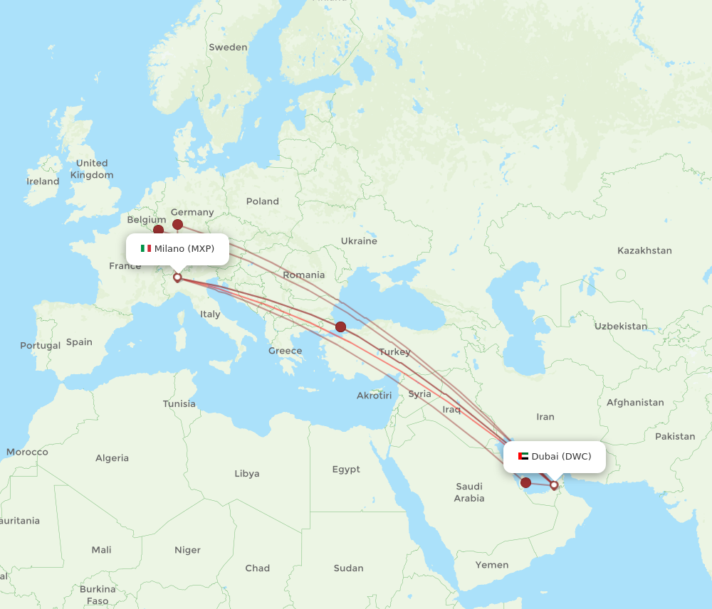 MXP to DWC flights and routes map
