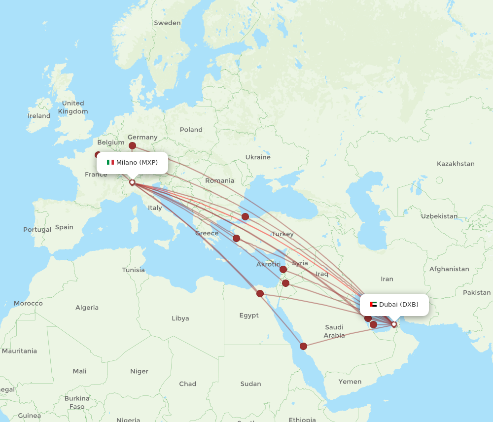 MXP to DXB flights and routes map