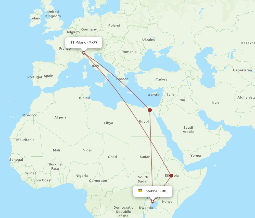 MXP to EBB flights and routes map
