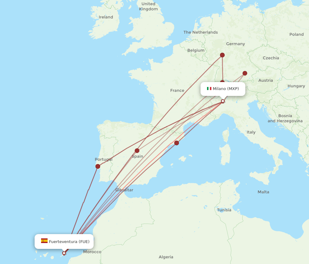 MXP to FUE flights and routes map