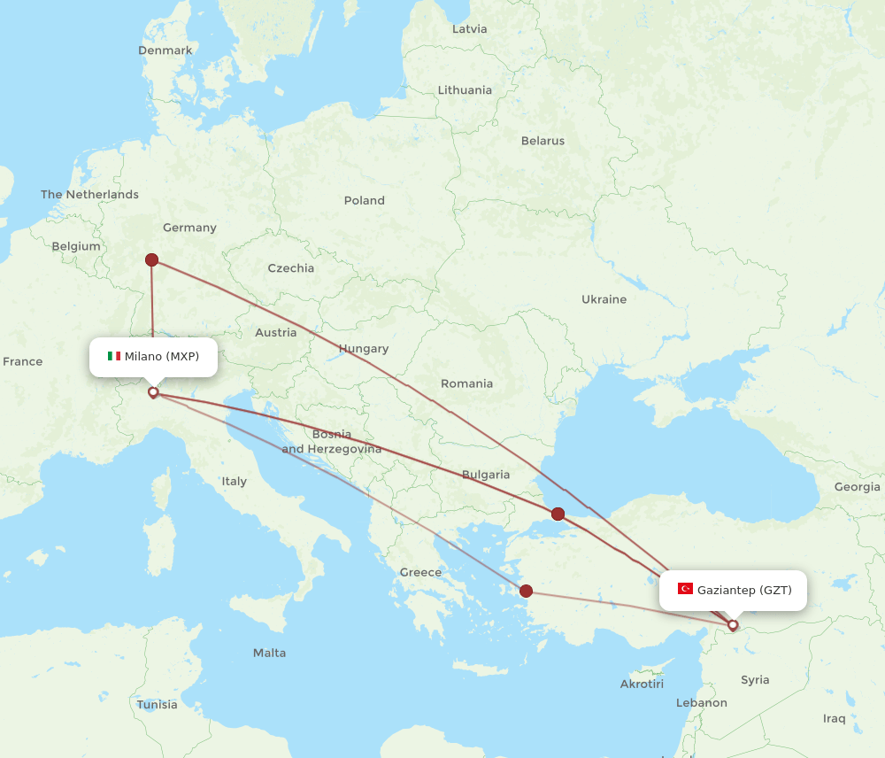 MXP to GZT flights and routes map