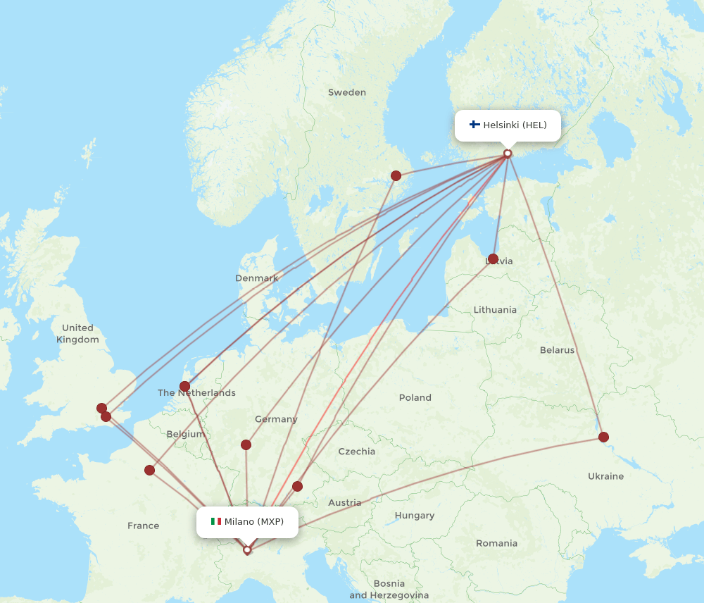 MXP to HEL flights and routes map