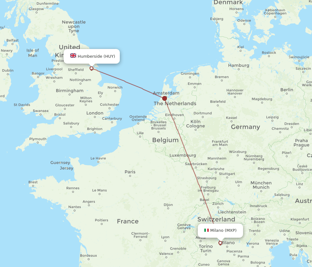 MXP to HUY flights and routes map