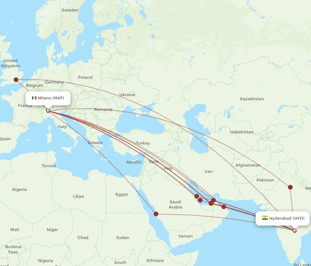 MXP-HYD flight routes
