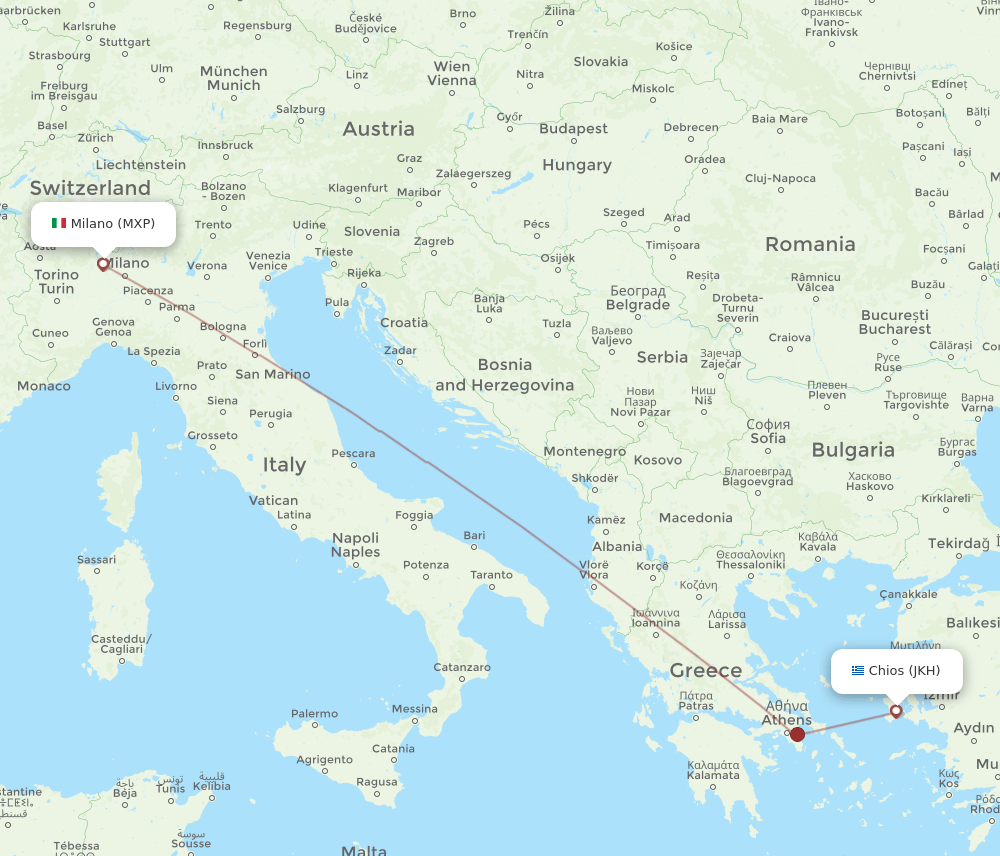 Chios - Milan route map and flight paths