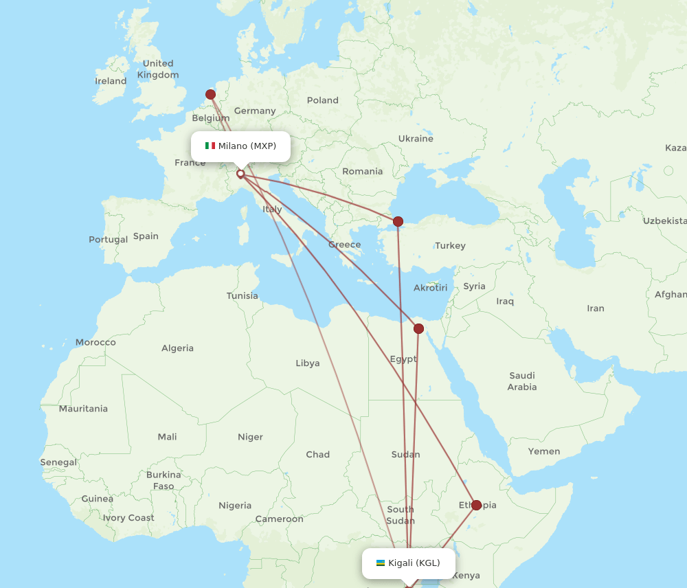 MXP to KGL flights and routes map