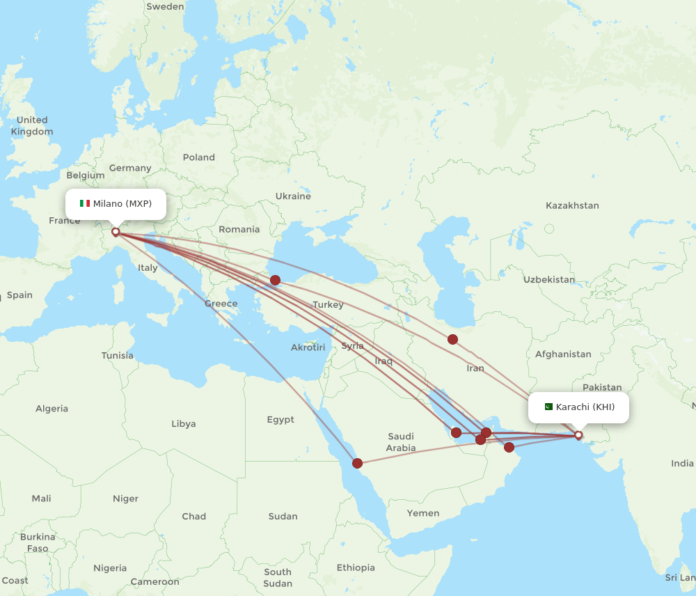 MXP to KHI flights and routes map