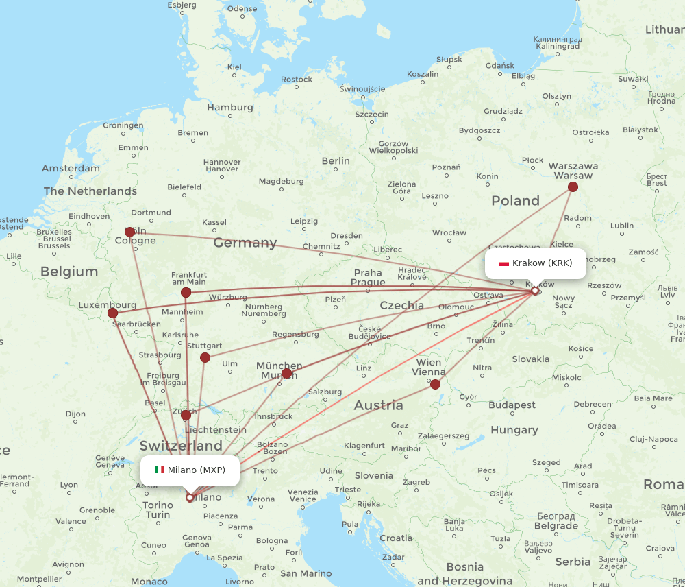 MXP to KRK flights and routes map