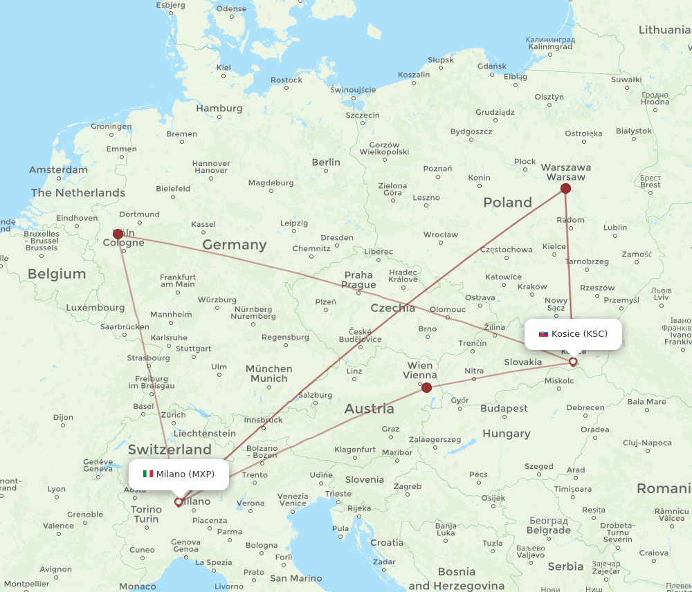MXP-KSC flight routes