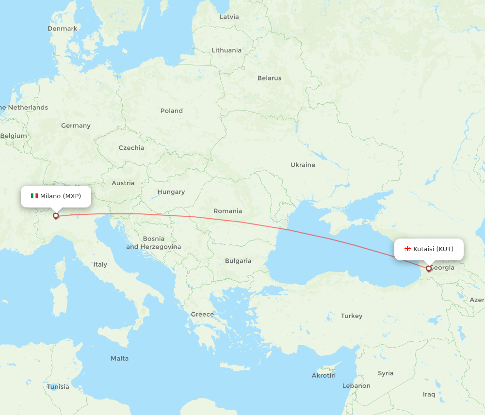 Milan - Kutaisi route map and flight paths