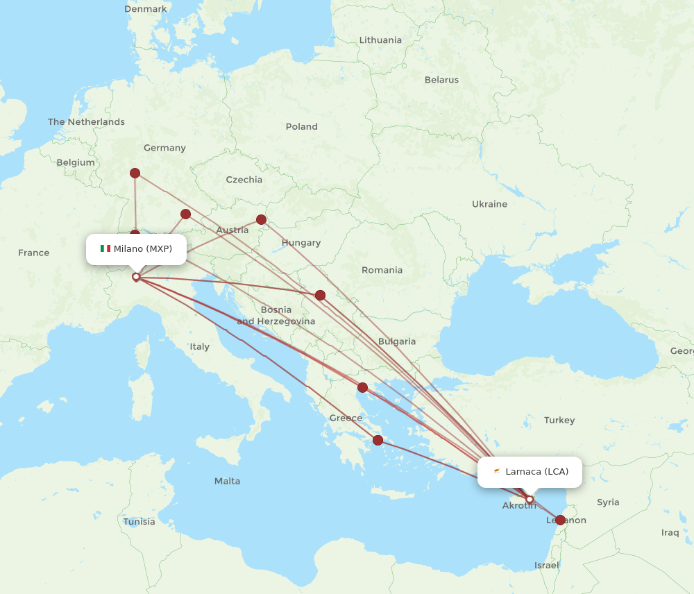 MXP to LCA flights and routes map