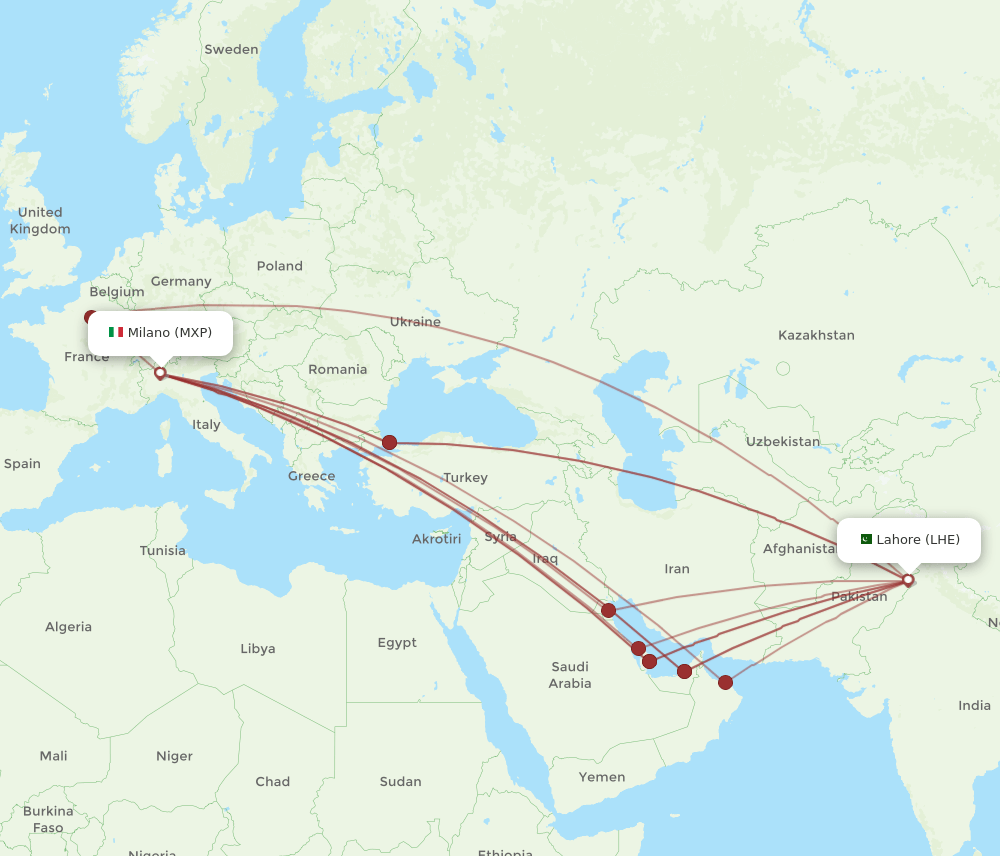 MXP-LHE flight routes