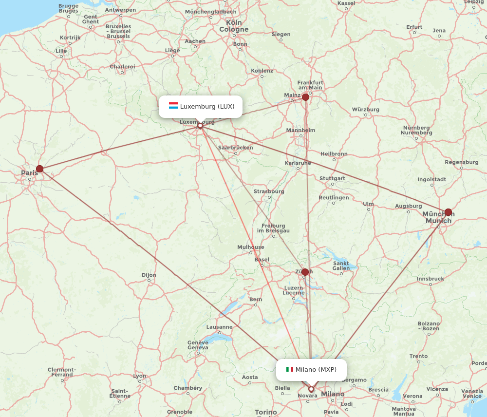 MXP to LUX flights and routes map