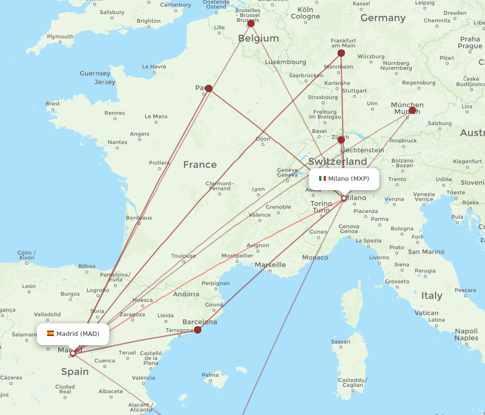 MXP to MAD flights and routes map