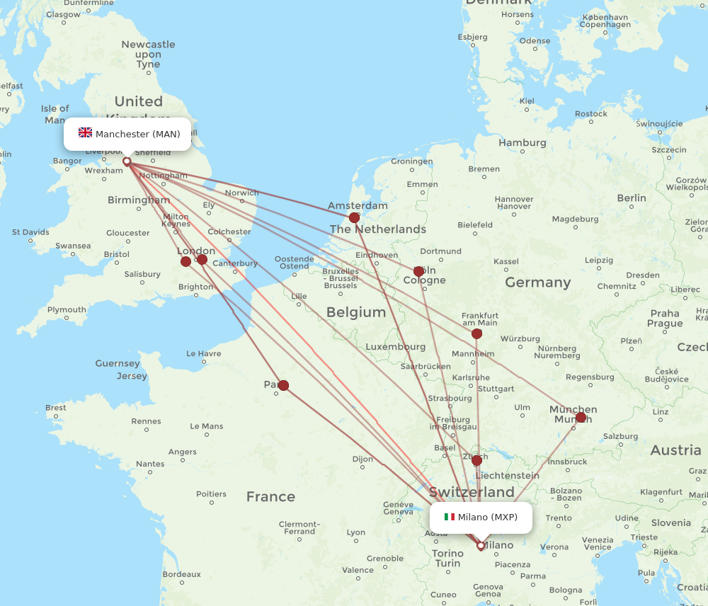 MXP to MAN flights and routes map