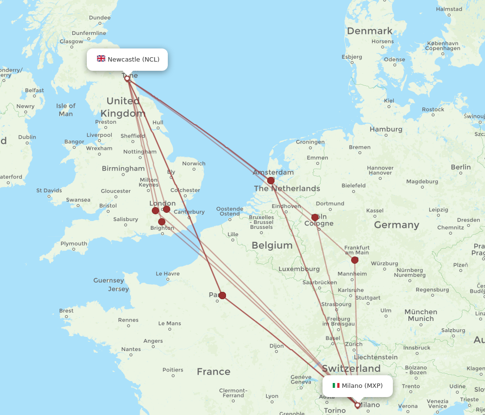 MXP to NCL flights and routes map