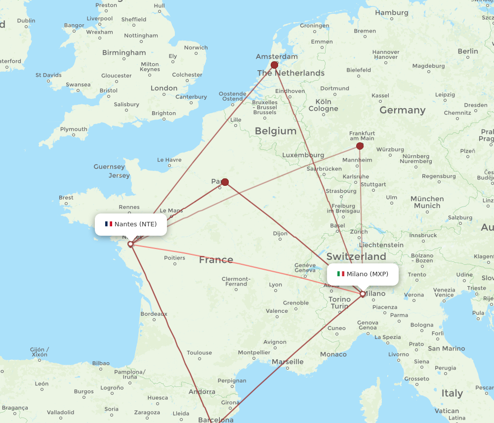 MXP to NTE flights and routes map