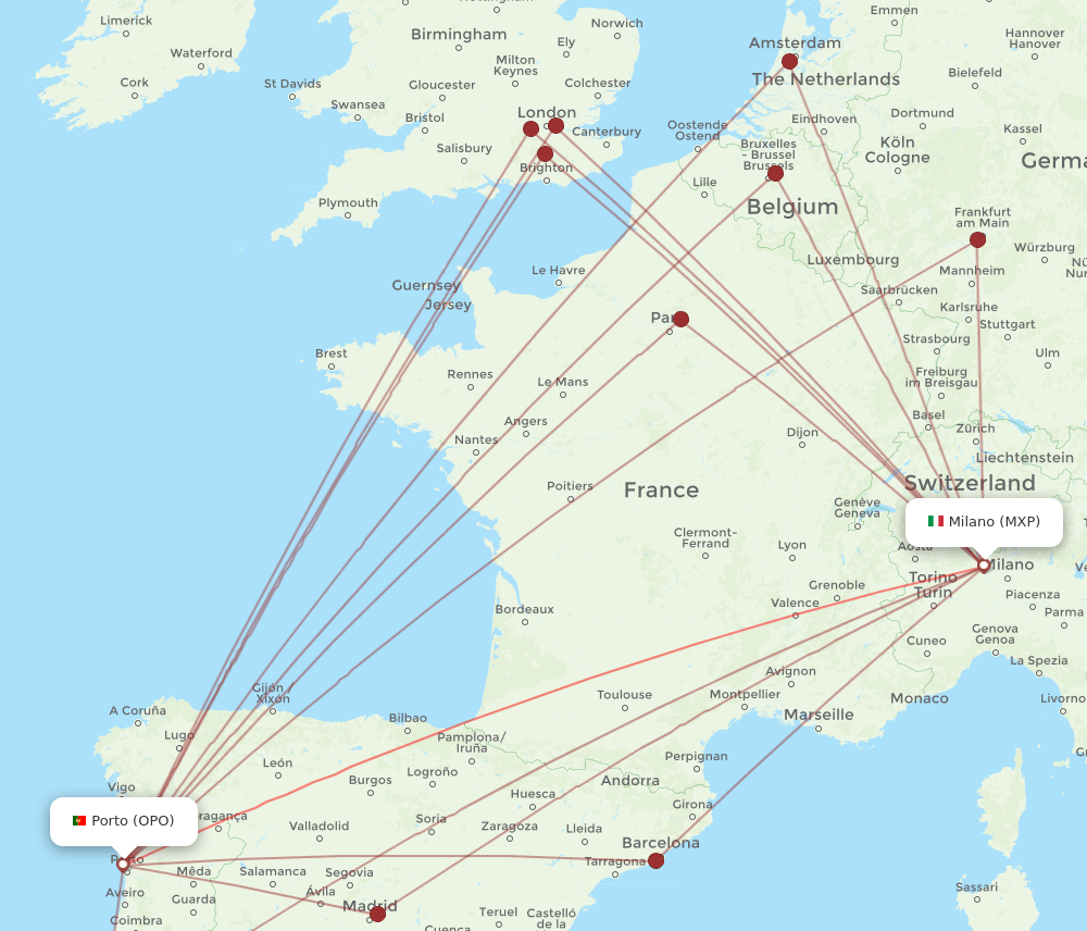 MXP to OPO flights and routes map