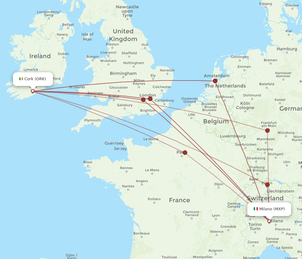 MXP to ORK flights and routes map