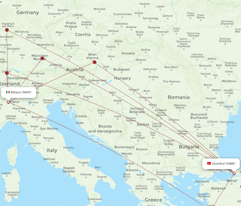 Milan - Istanbul route map and flight paths
