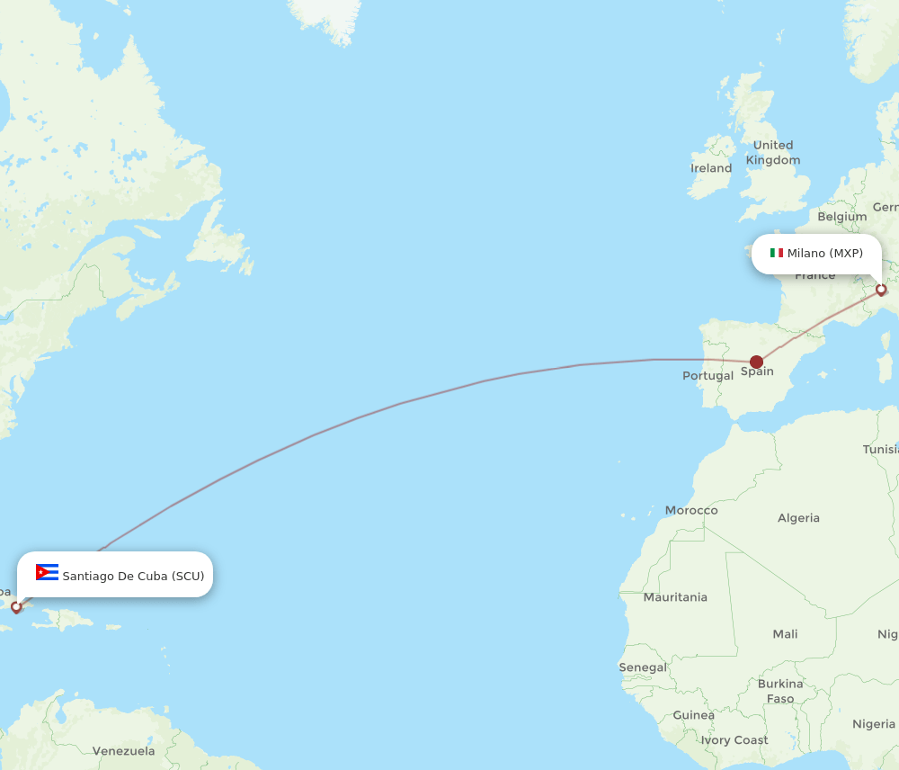 MXP to SCU flights and routes map