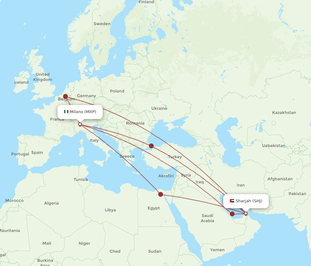 MXP to SHJ flights and routes map
