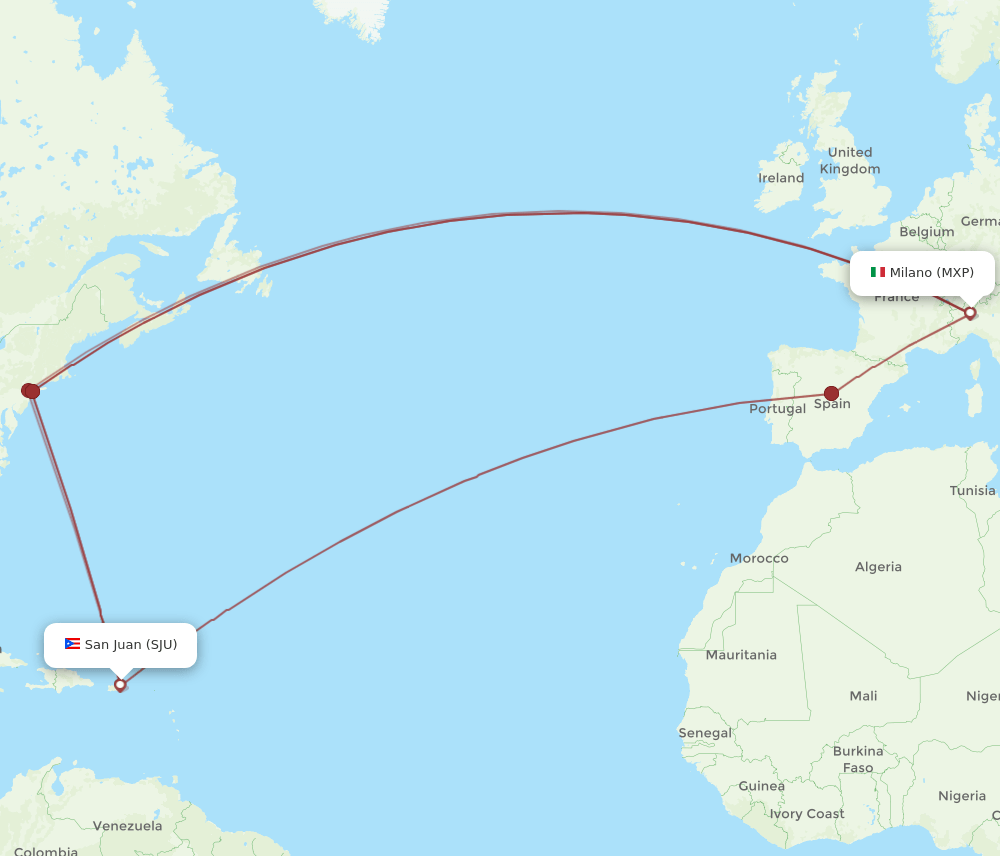 MXP to SJU flights and routes map
