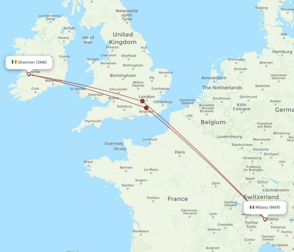 MXP to SNN flights and routes map