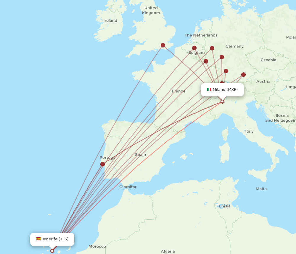 MXP to TFS flights and routes map