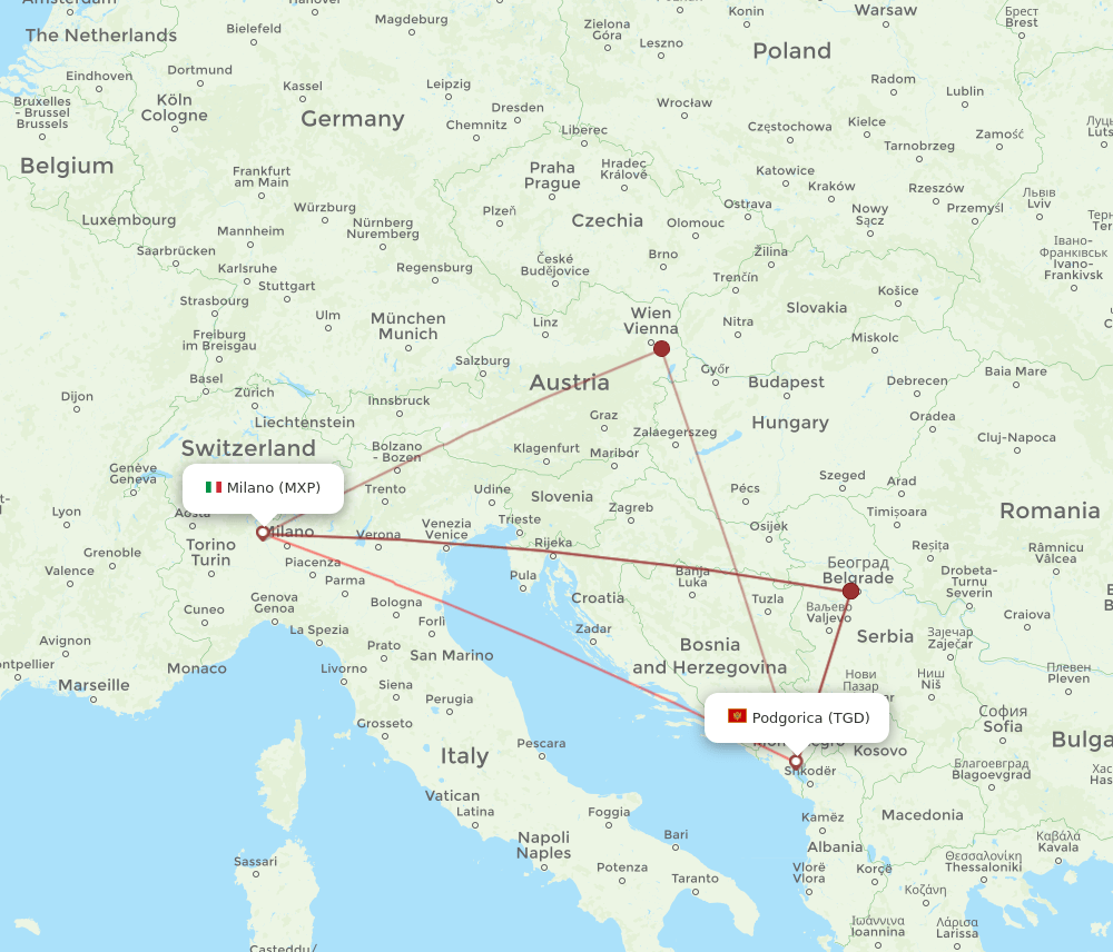 MXP-TGD flight routes