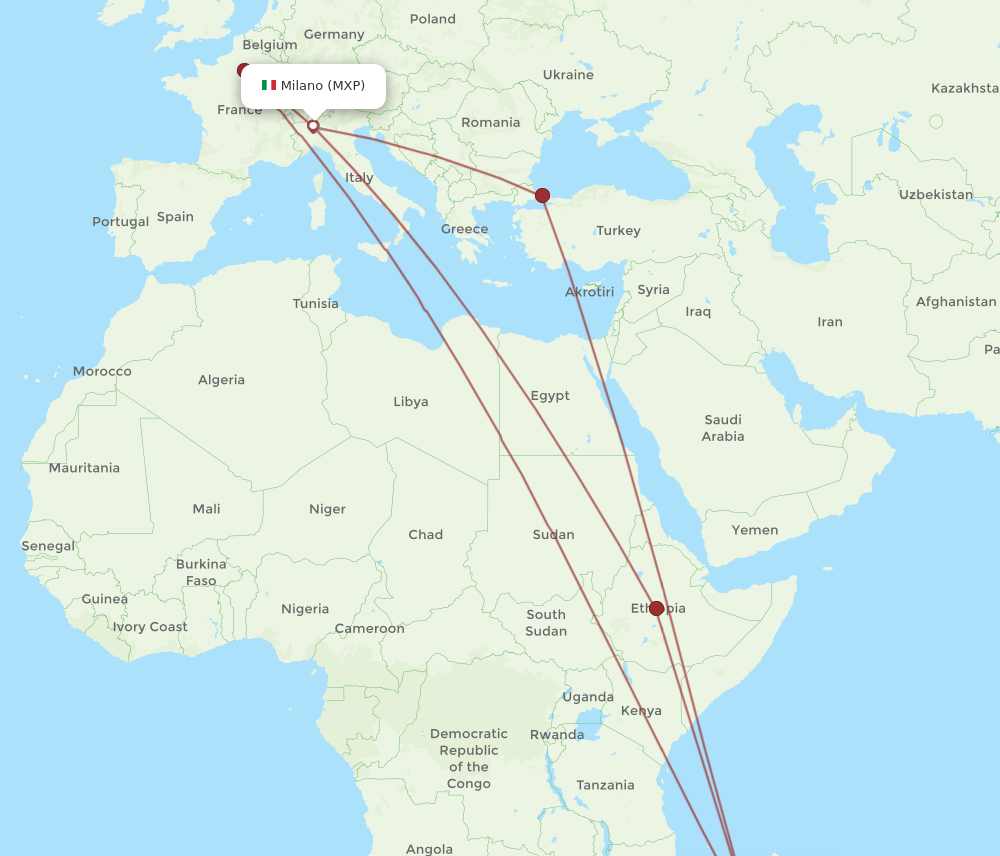 MXP to TNR flights and routes map
