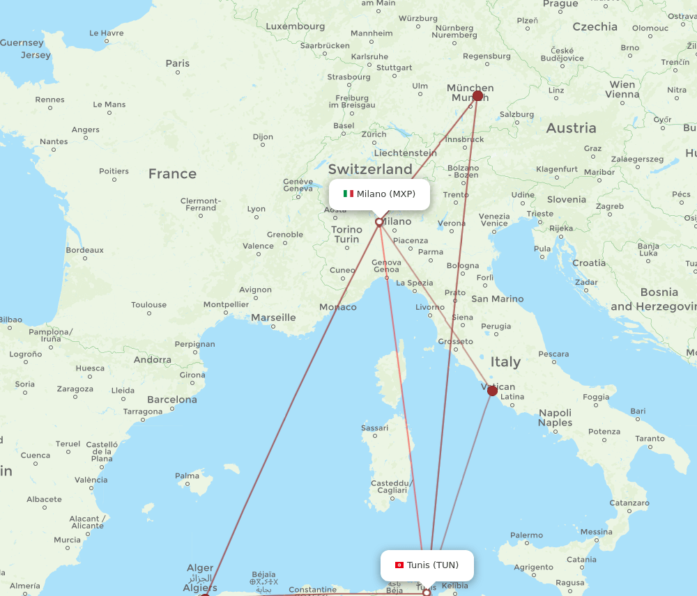 MXP to TUN flights and routes map