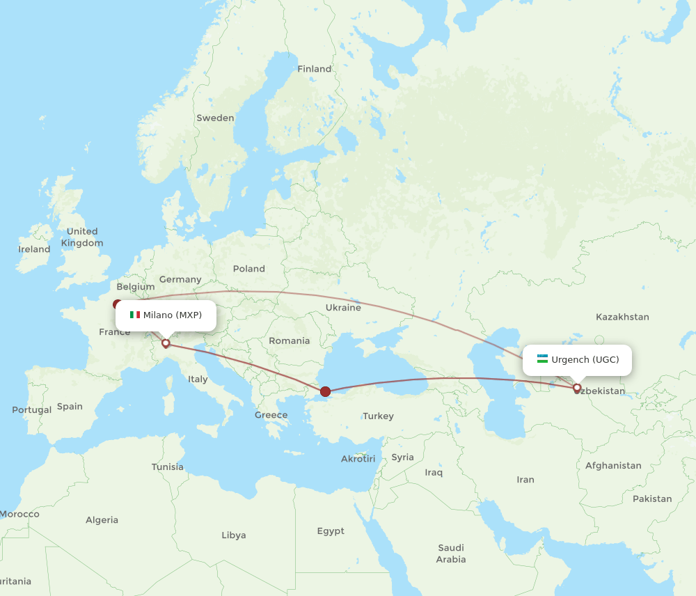 MXP to UGC flights and routes map