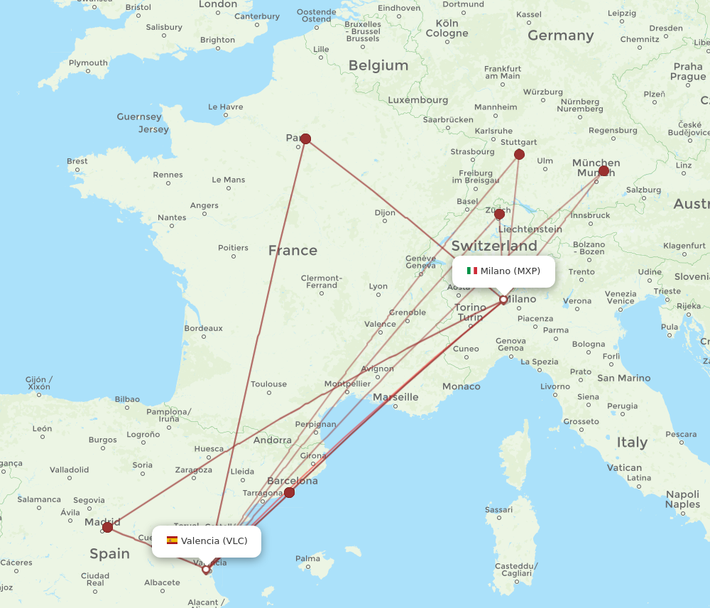 MXP to VLC flights and routes map