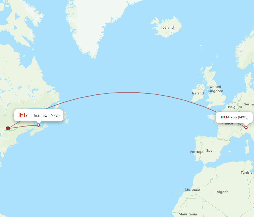 Charlottetown - Milan route map and flight paths