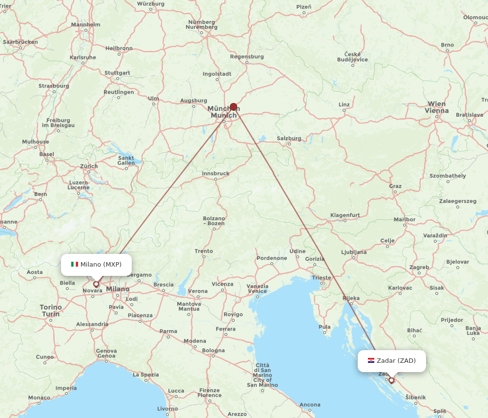 ZAD to MXP flights and routes map