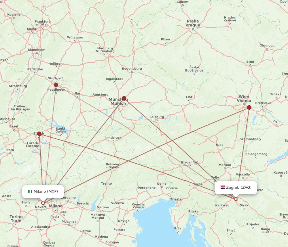 Zagreb - Milan route map and flight paths