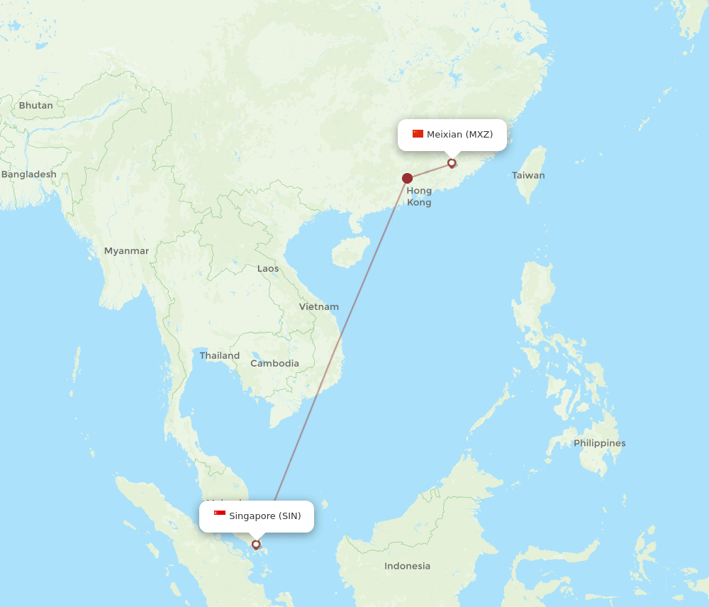Singapore - Mei Xian route map and flight paths
