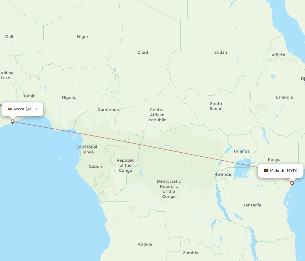 Accra - Malindi route map and flight paths