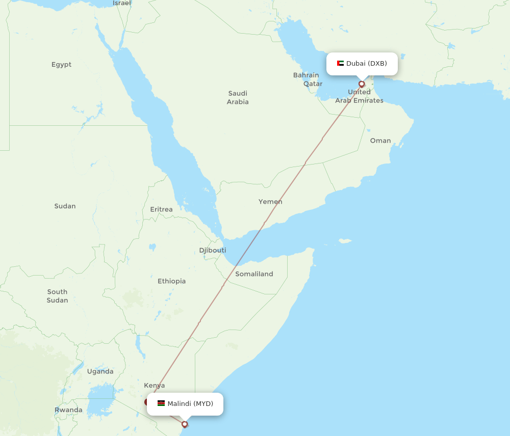 DXB to MYD flights and routes map