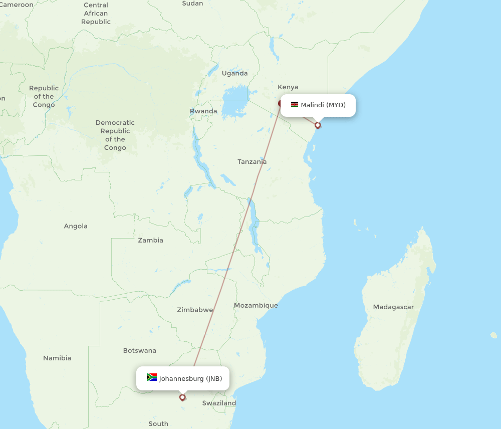 Johannesburg - Malindi route map and flight paths