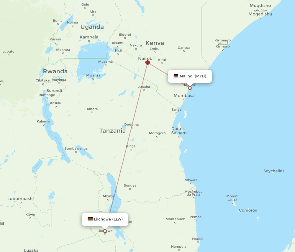 MYD to LLW flights and routes map