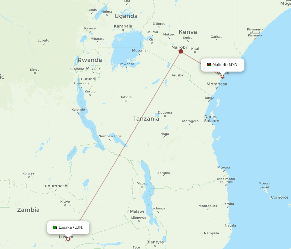 Lusaka - Malindi route map and flight paths