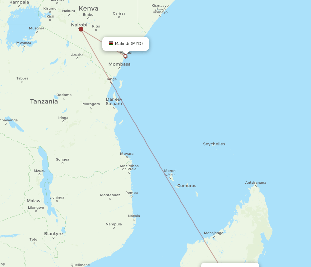 Antananarivo - Malindi route map and flight paths
