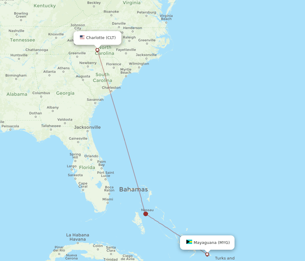 MYG-CLT flight routes