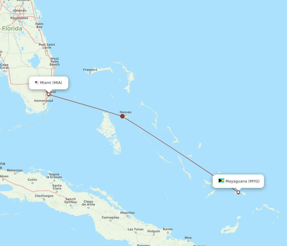 MYG-MIA flight routes