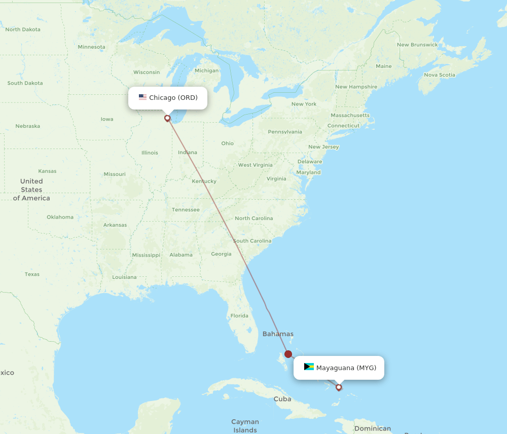 Mayaguana - Chicago route map and flight paths