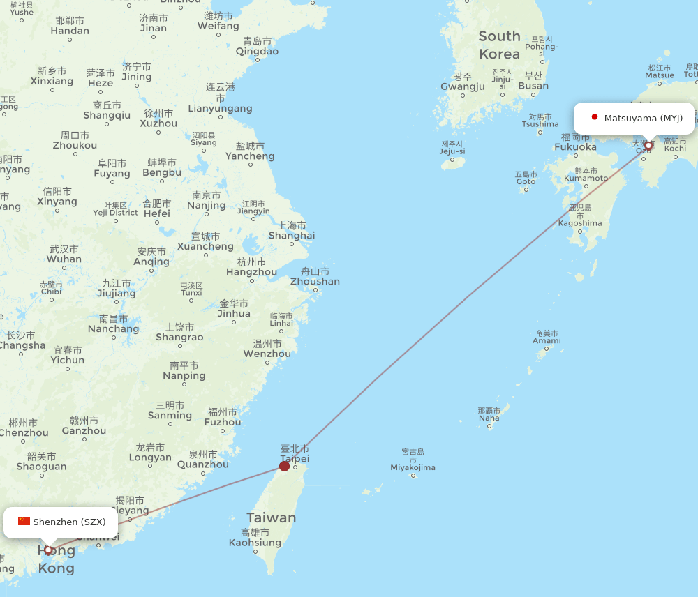 Shenzhen - Matsuyama route map and flight paths